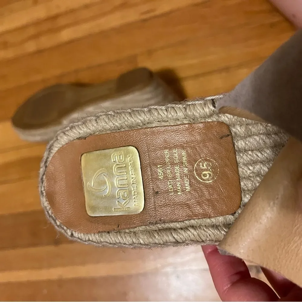 Kanna suede wedge espadrille sandals taupe grey beige double ankle buckle 9.5 41